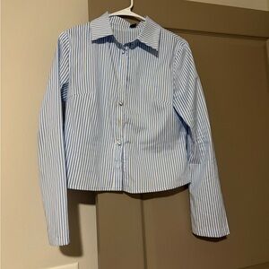 SHEIN White and Light Blue Striped Button-Up Blouse